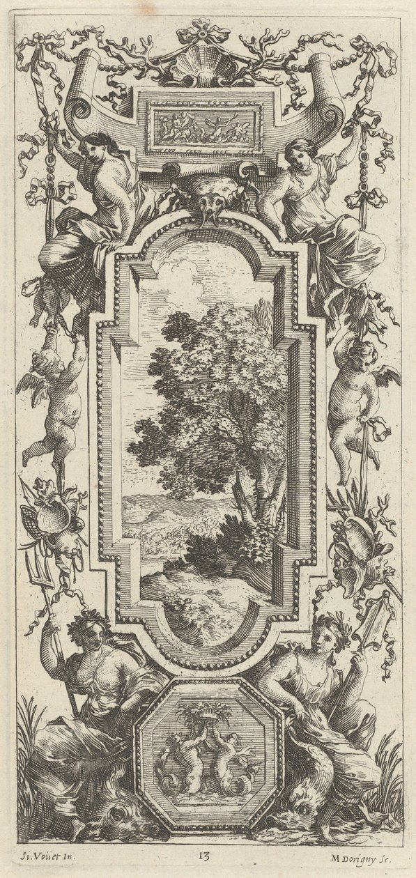 Panel ornamental coronado por una escena marítima y una concha de Michel Dorigny, after Simon Vouet