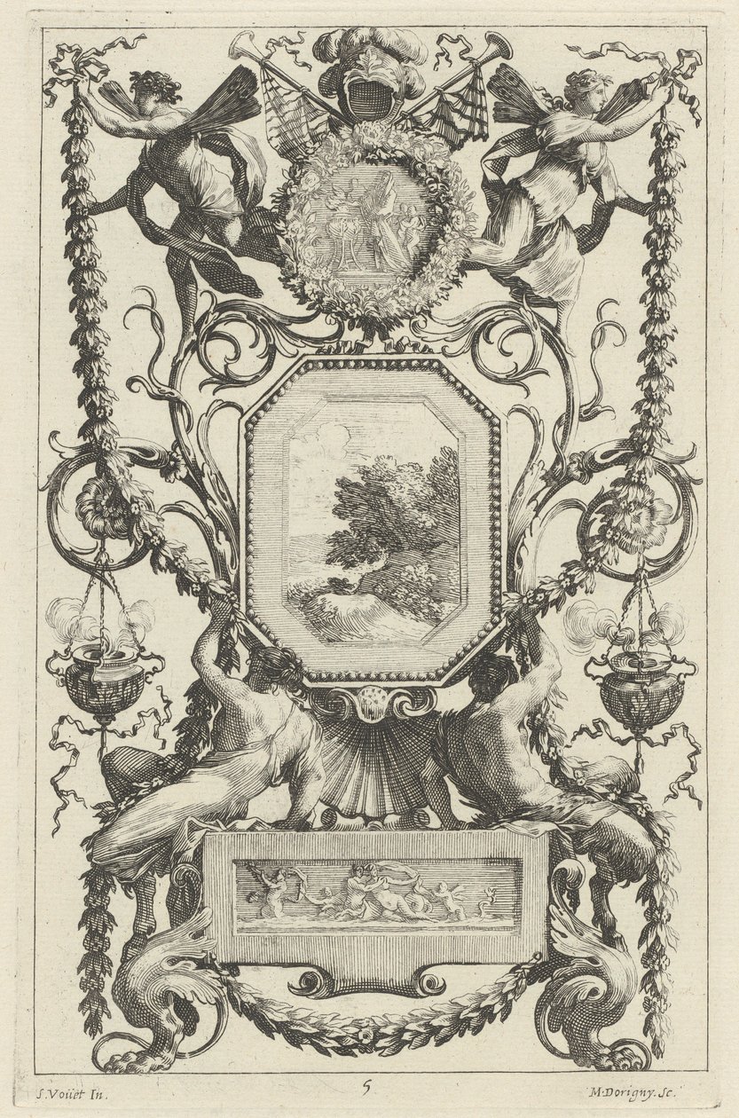 Panel ornamental coronado por un medallón con un sacrificio de Michel Dorigny, after Simon Vouet