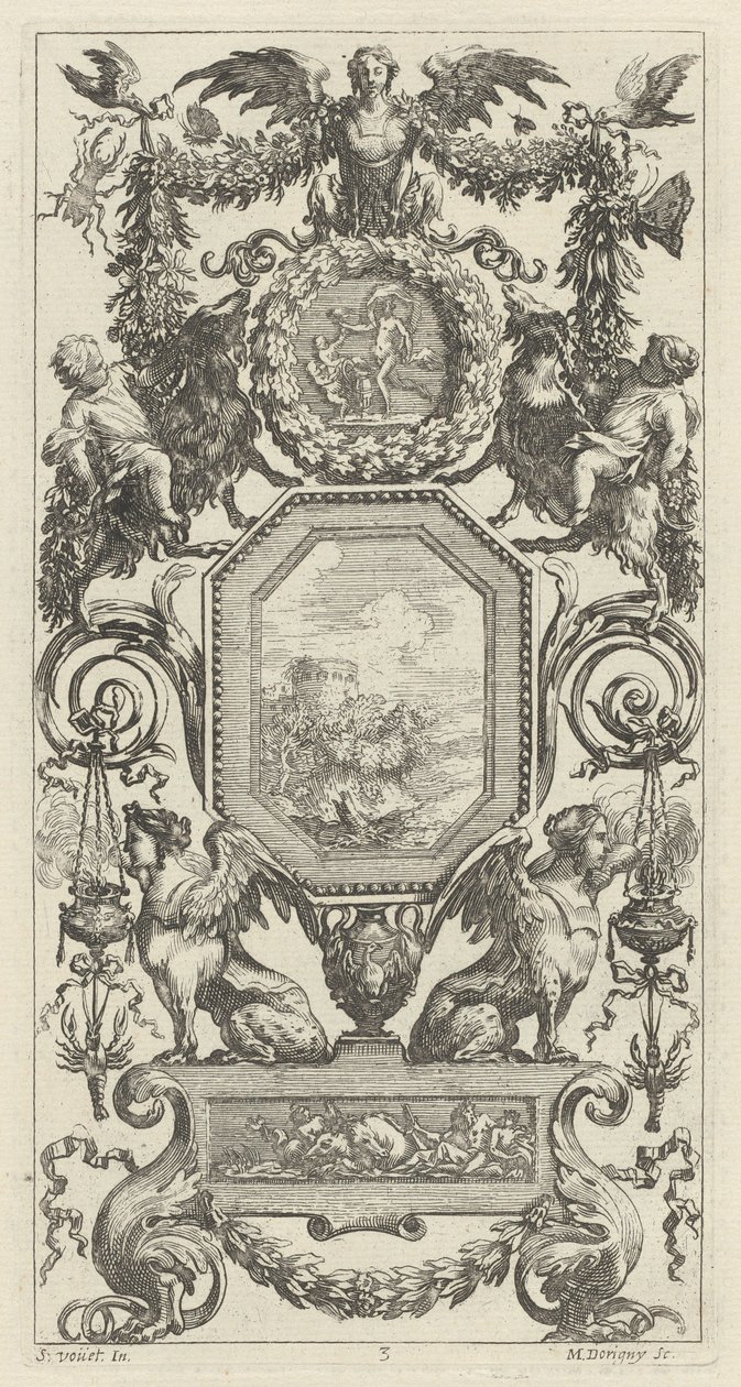 Panel ornamental coronado por una arpía alada de Michel Dorigny, after Simon Vouet