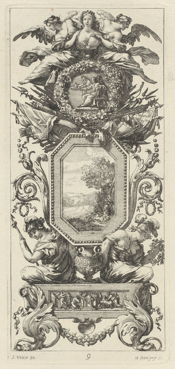 Panel ornamental coronado con dos figuras apoyadas en el busto de una mujer de Michel Dorigny, after Simon Vouet