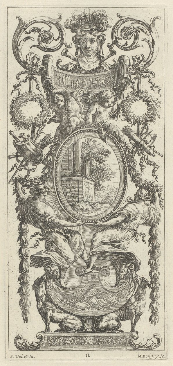 Panel Ornamental Coronado con una Cabeza Flanqueada por Follaje de Michel Dorigny, after Simon Vouet
