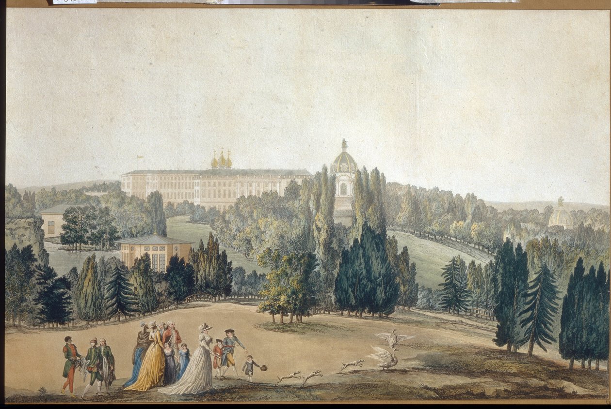 Vista de Tsarkoye Selo (San Petersburgo). Vista de Tsarkoye Selo. La emperatriz Catalina II caminando. Obra de Michel Francois Damam Demartrait (1763-1827), grabado y acuarela. Arte francés de Michel Francois Damam Demartrait