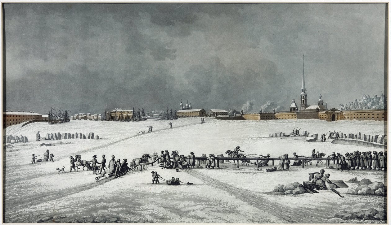 Vue de la forteresse Pierre et Paul (Pedro y Pablo) - Vista de la fortaleza de Pedro y Pablo - Michel Francois Damam-Demartrait (1763-1827). Aguatinta de Michel Francois Damam Demartrait