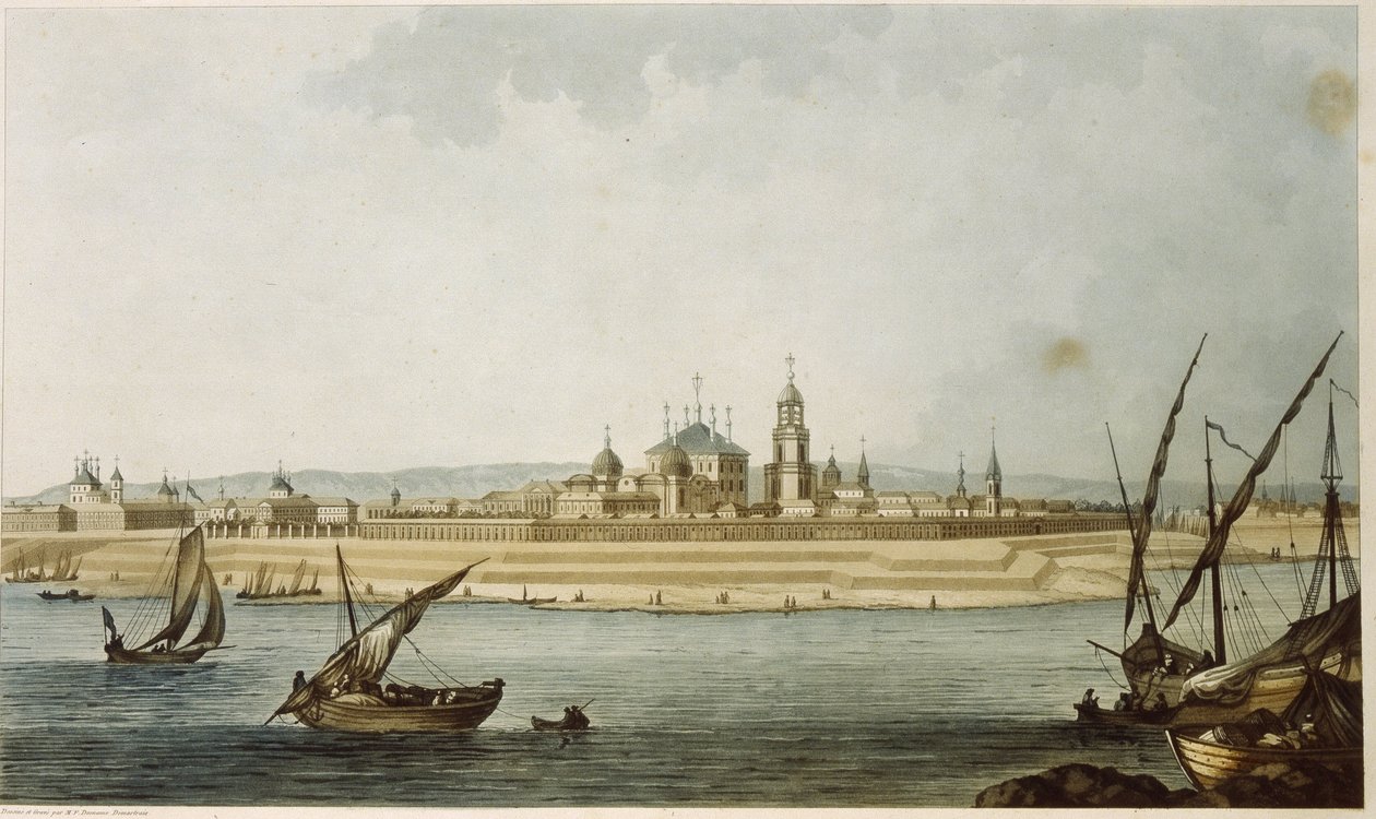Tver (Rusia). (De 1931 a 1991 la ciudad se llamó Kalinin). Descripción de la ciudad neoclásica, tal y como fue reconstruida tras su destrucción por incendio en 1763, así como de las actividades en el Volga, que bordea la ciudad. Obra de Michel Fr de Michel Francois Damam Demartrait