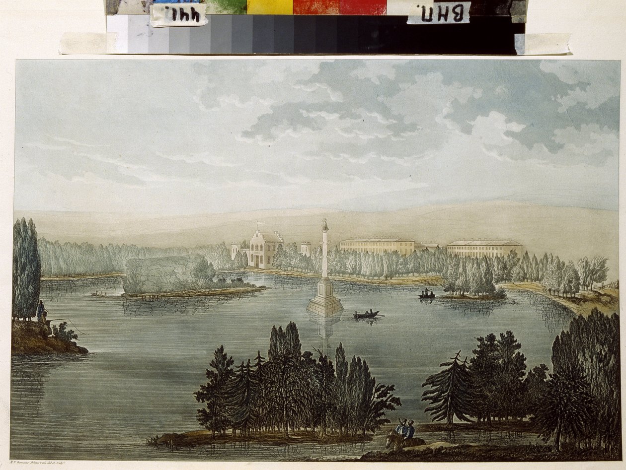 Vista de Tsarkoye Selo. Vista de Tsarkoye Selo. La columna Chesme. Obra de Michel Francois Damam Damartrait (1763-1827), grabado coloreado con acuarela de Michel Francois Damam Demartrait