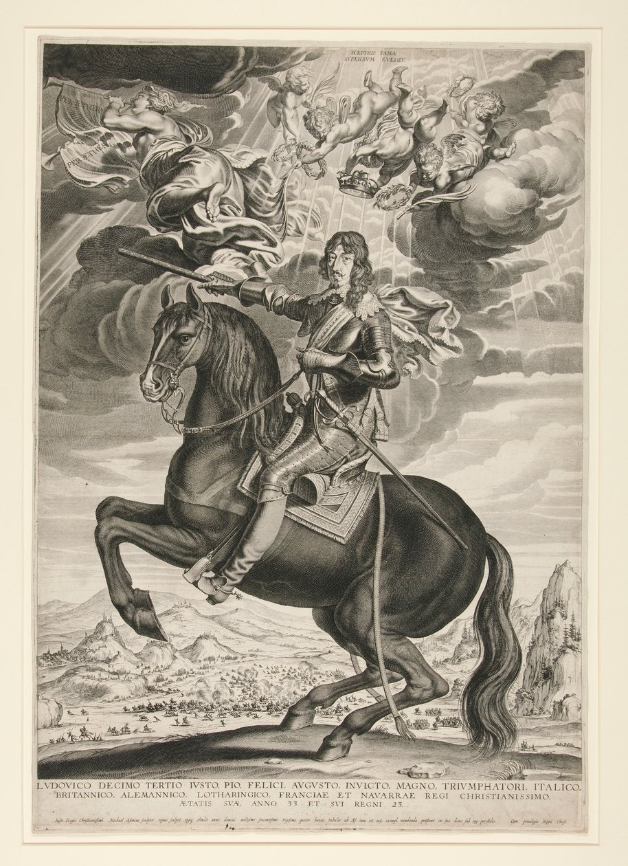 Retrato ecuestre de Luis XIII (Borbón) (1601-1603) a la edad de 33 años. El paisaje es posterior a Callot de Michel Lasne