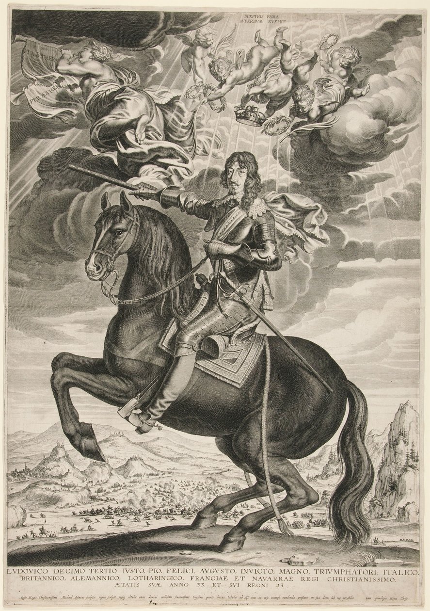 Retrato ecuestre de Luis XIII (Borbón) (1601-1603) a la edad de 33 años. El paisaje es según Callot de Michel Lasne