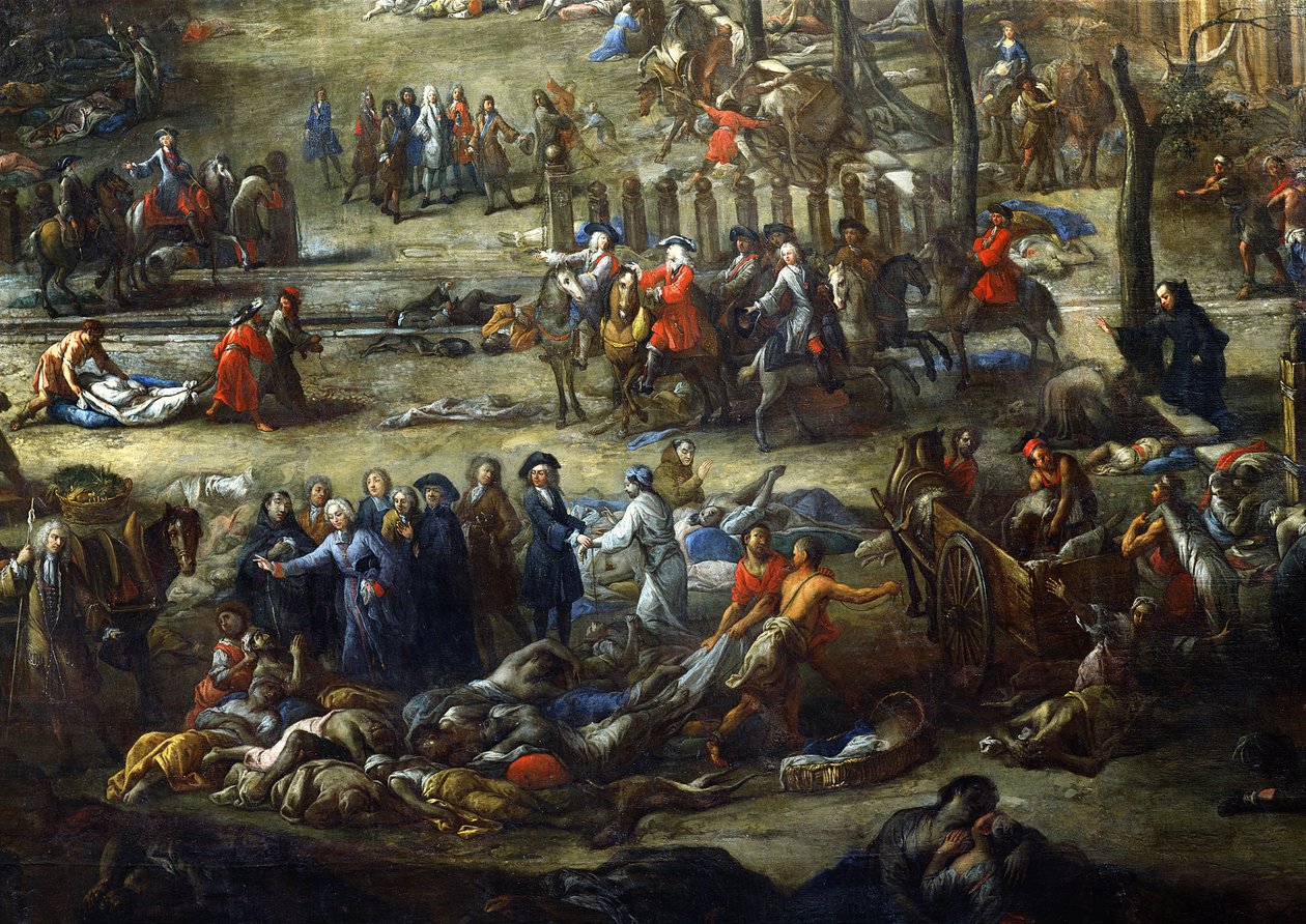 Vista del Cours Belsunce, Marsella, durante la peste de 1720, detalle que representa al cardenal de Belsunce con un grupo de cadáveres de víctimas de la peste de Michel Serre