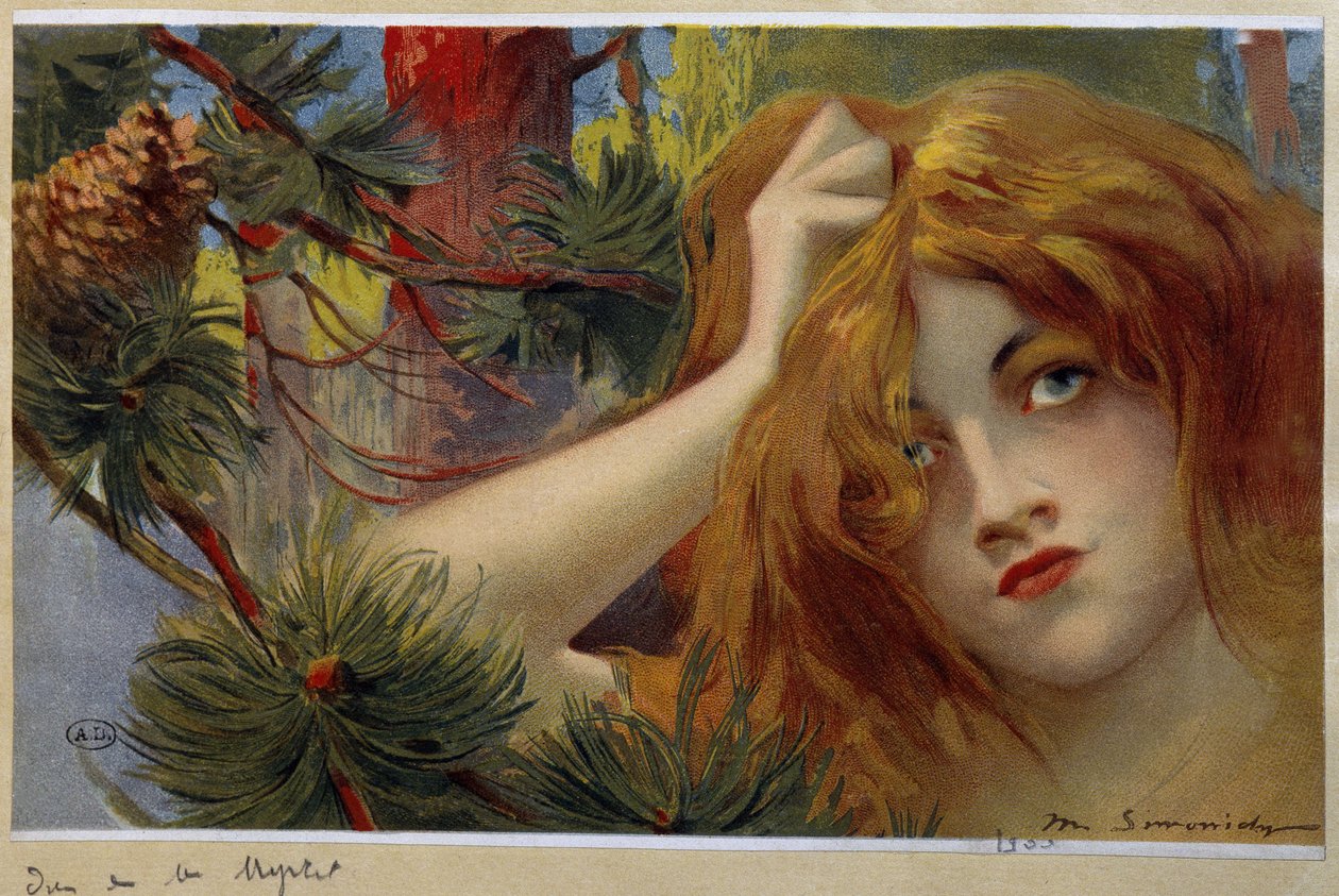Mujer pelirroja mirando inqiuiete, levanta la cabeza - cromo. por Simondy de Michel Simonidy