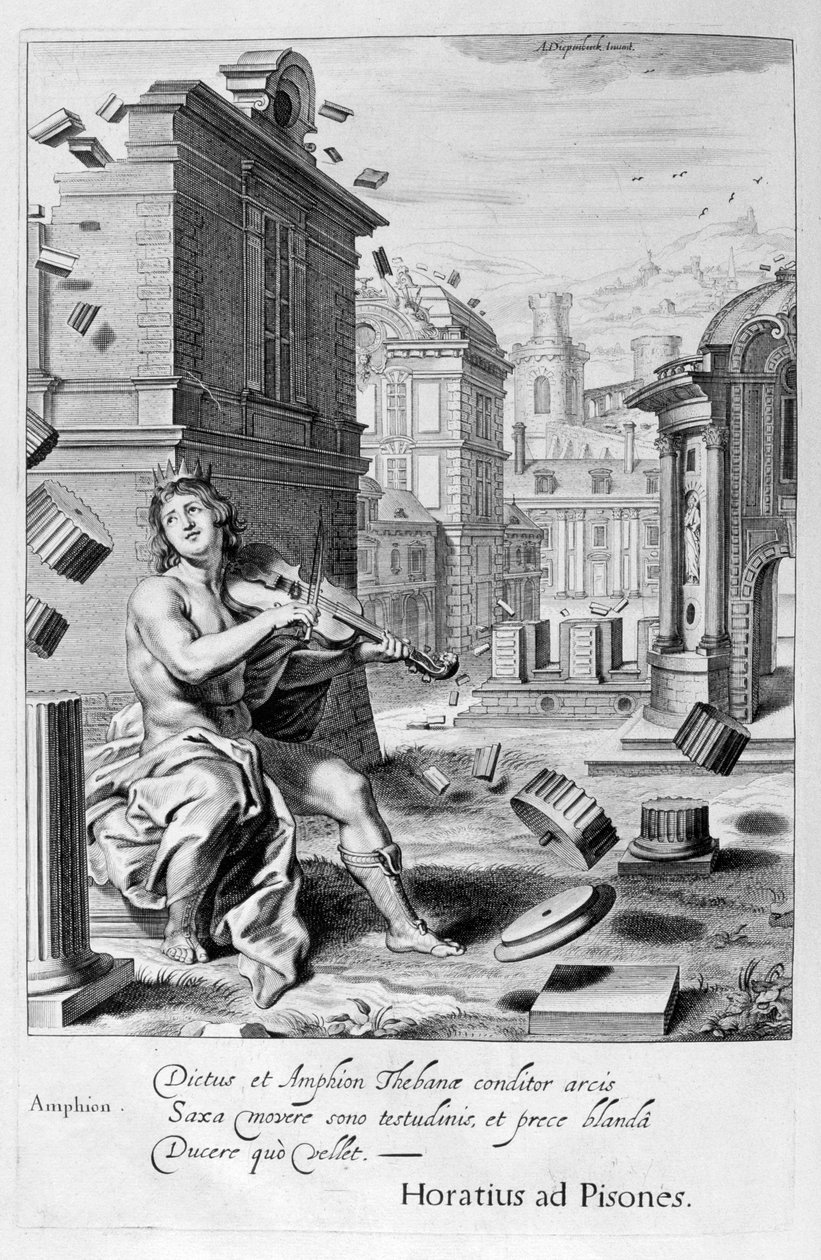 Amphion construye los muros de Tebas con la música de su violín, 1655 de Michel de Marolles