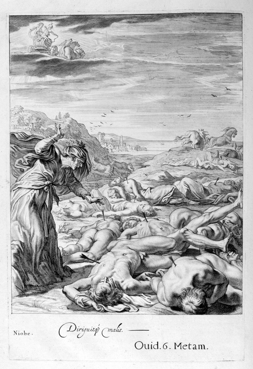 Apolo y Diana matan a los hijos de Niobe con sus flechas: ella se convierte en piedra, 1655 de Michel de Marolles