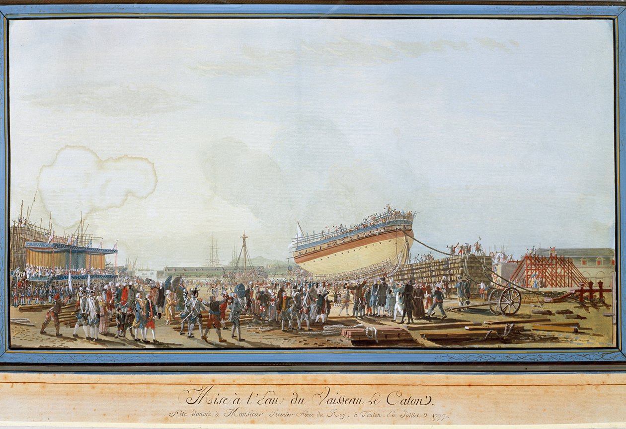 El lanzamiento del barco Le Caton en el puerto de Toulon en presencia del Conde de Provenza en julio de 1777 (gouache) de Michel de Toulon