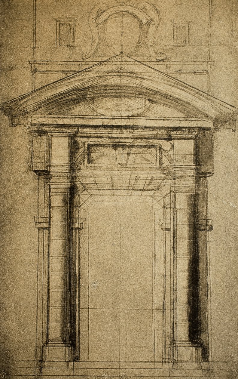Boceto arquitectónico de una puerta coronada por un escudo de armas; dibujo de Miguel Ángel. Casa Buonarroti, Florencia de Michelangelo Buonarroti