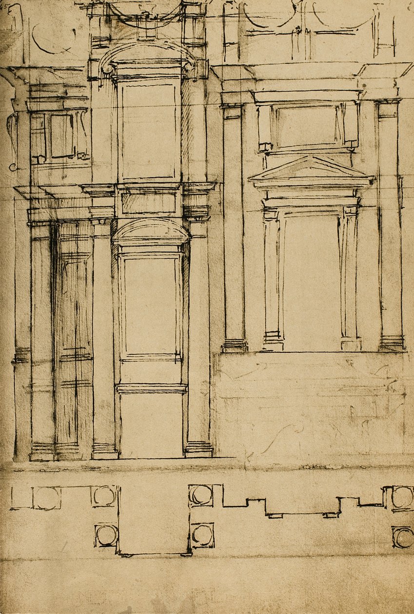 Estudio arquitectónico para las Capillas Medici en la basílica de San Lorenzo; dibujo de Miguel Ángel. Casa Buonarroti, Florencia de Michelangelo Buonarroti
