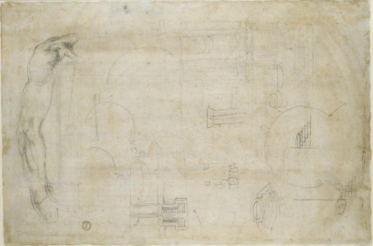 Estudios arquitectónicos y el brazo de un hombre, c.1538-50 de Michelangelo Buonarroti