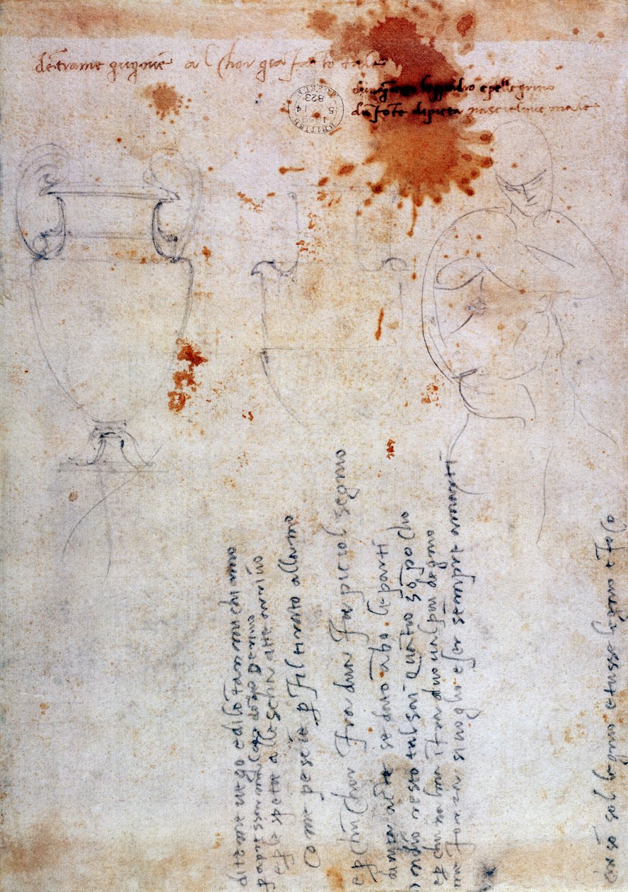 Dibujo de una urna y figura con notas (tinta marrón y lápiz sobre papel) (verso) de Michelangelo Buonarroti