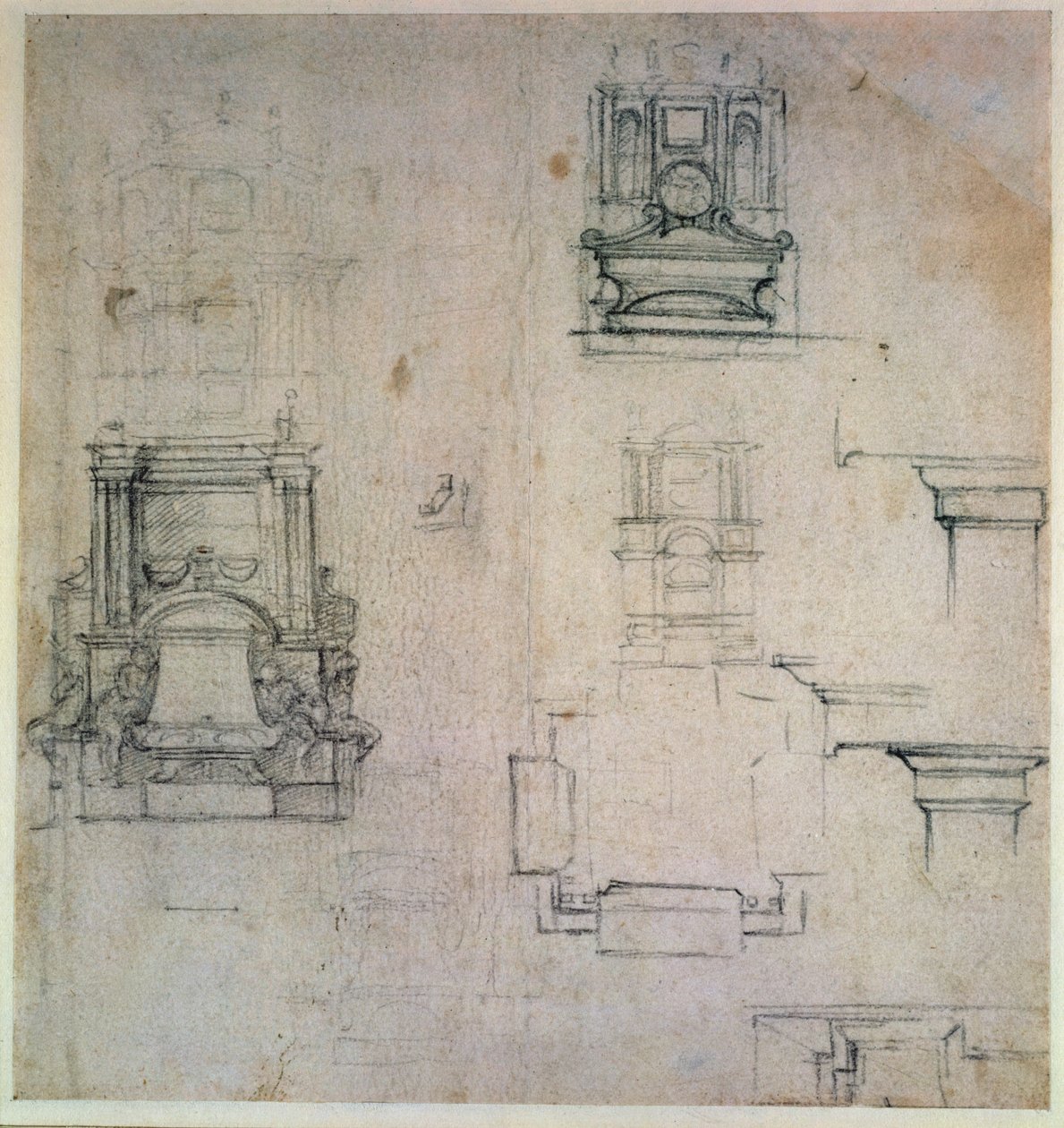Inv. 1859 6-25-545. R. (W. 25) Diseños para tumbas (tiza roja) de Michelangelo Buonarroti
