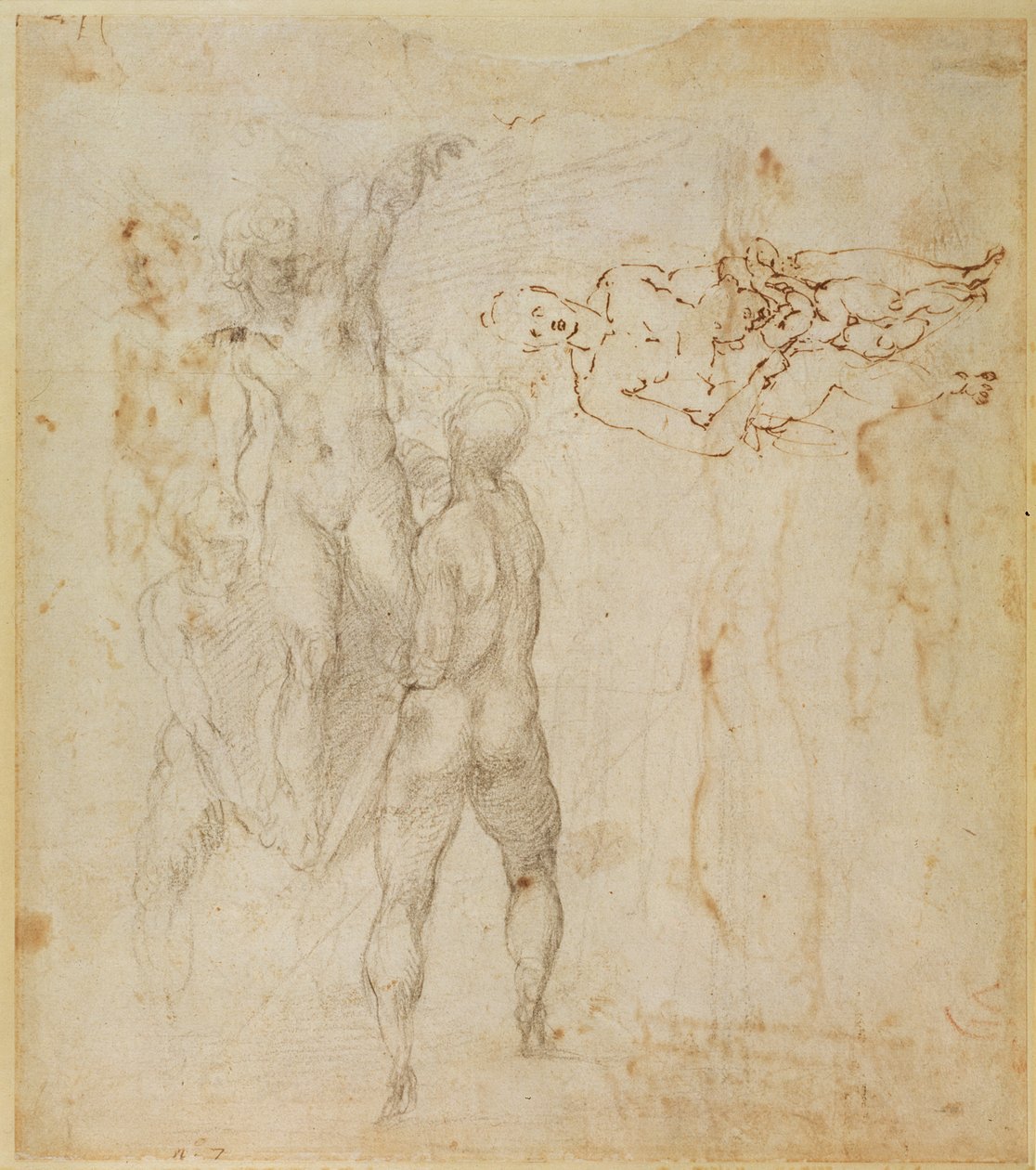 Grupo masculino y figura sentada con niño de Michelangelo Buonarroti