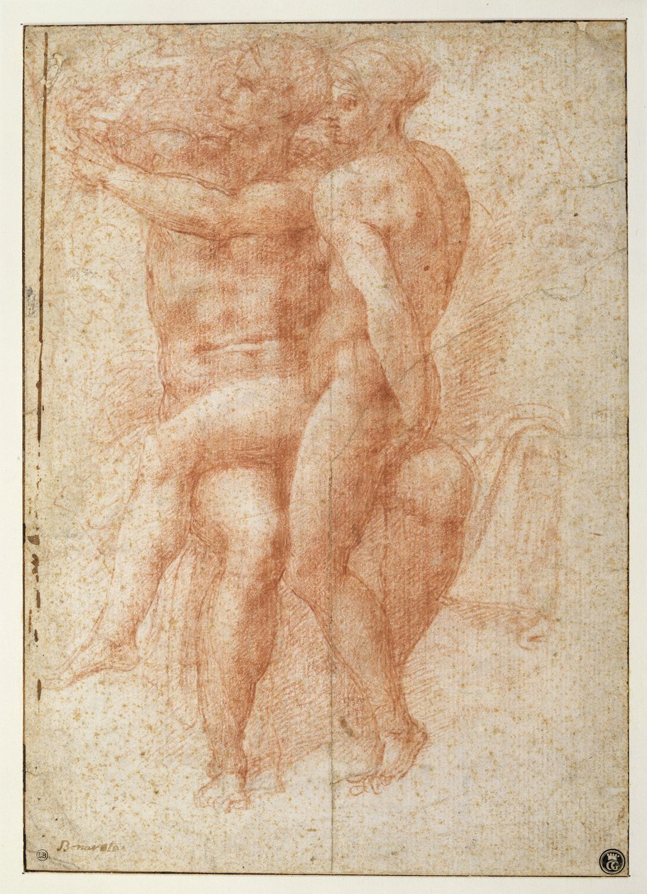 Mujer desnuda sentada en las rodillas de un hombre desnudo sentado: Adán y Eva de Michelangelo Buonarroti