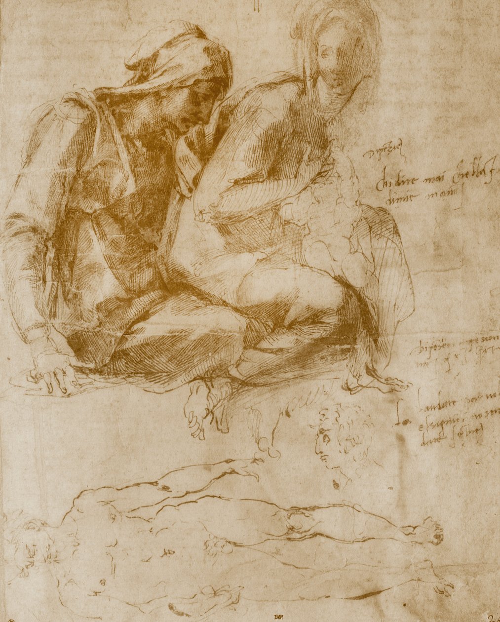 Santa Ana, la Virgen y el Niño y un estudio de un hombre desnudo de Michelangelo Buonarroti