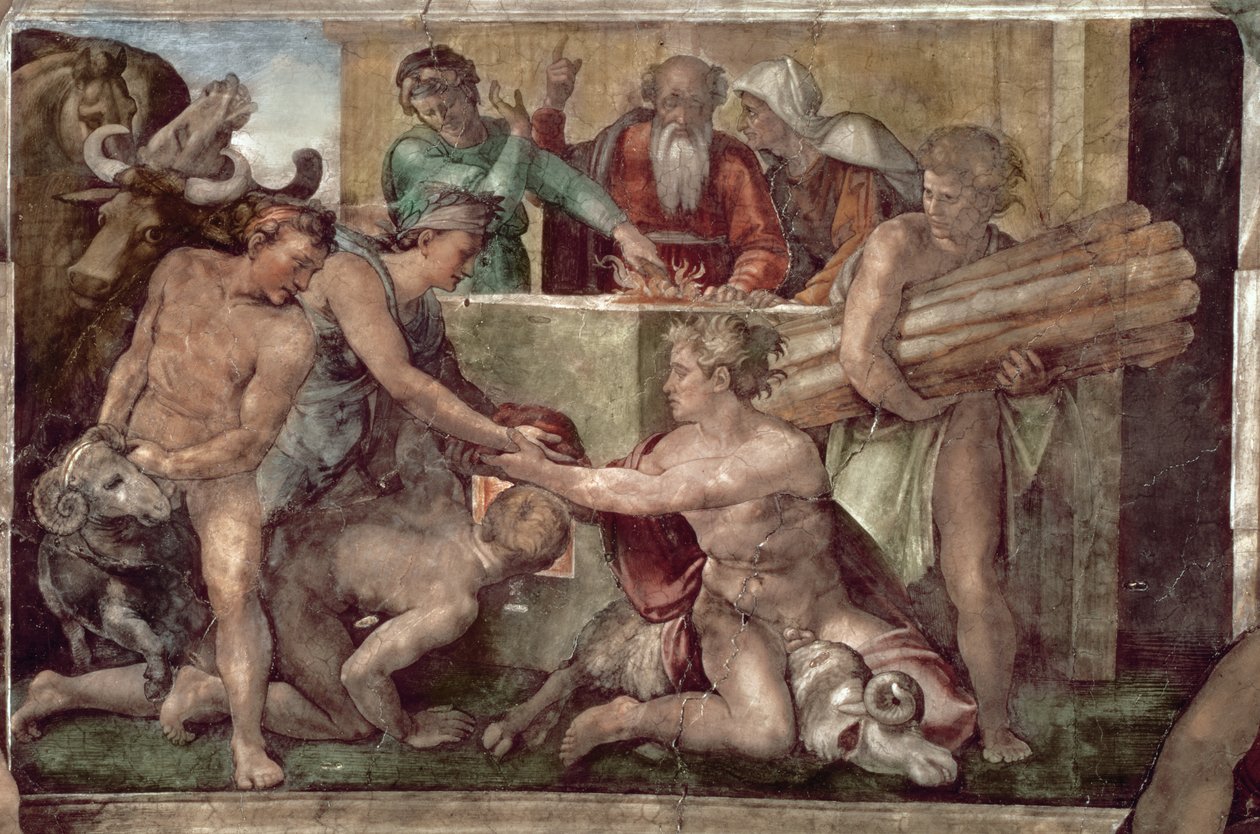 Techo de la Capilla Sixtina (1508-12): El Sacrificio de Noé (pre restauración) de Michelangelo Buonarroti