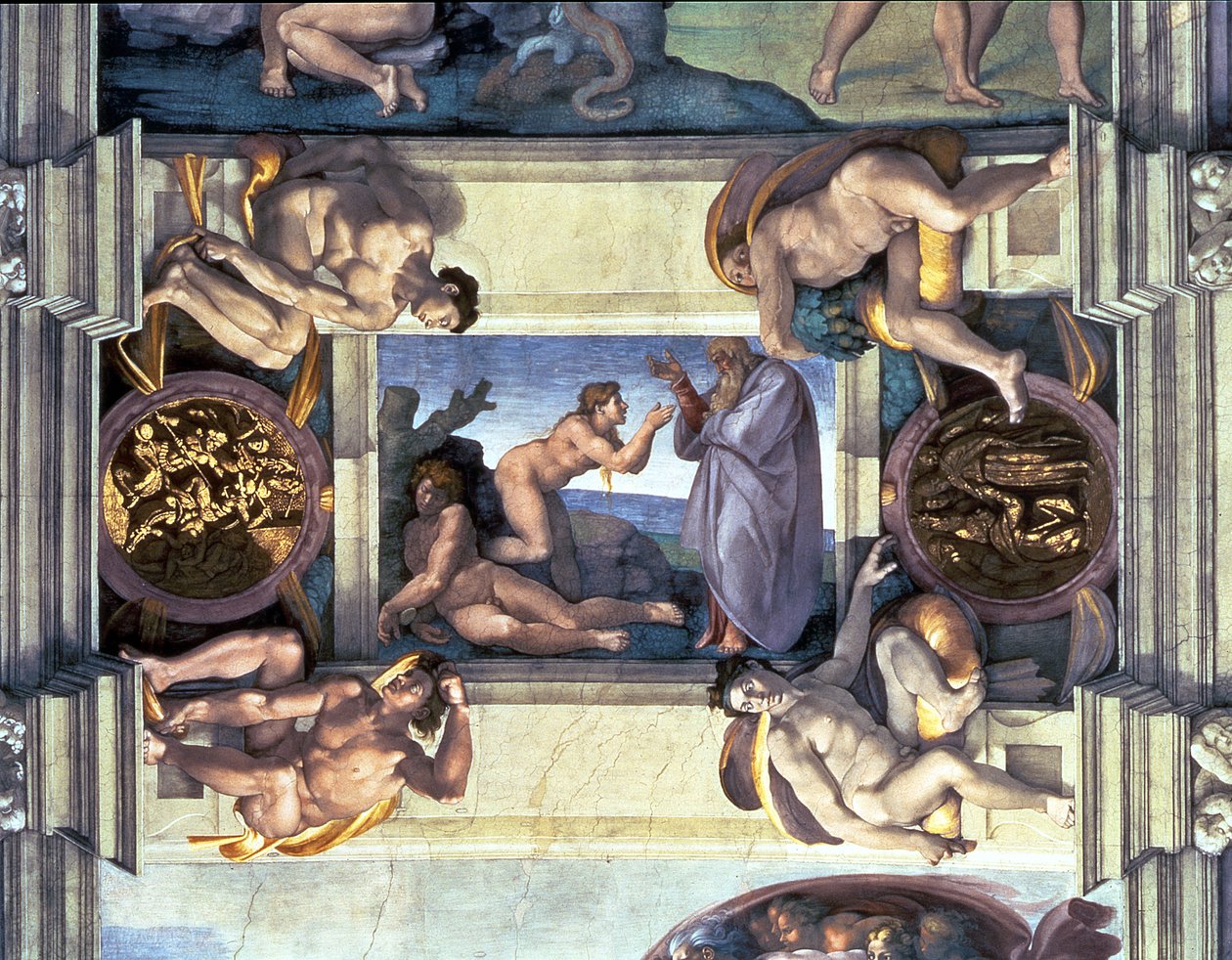 Techo de la Capilla Sixtina: Creación de Eva, con cuatro Ignudi, 1510 (post restauración) de Michelangelo Buonarroti