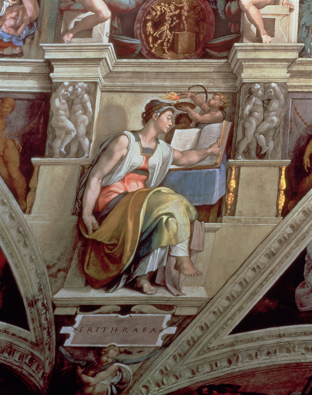 Techo de la Capilla Sixtina: Sibila Eritrea (post restauración) de Michelangelo Buonarroti