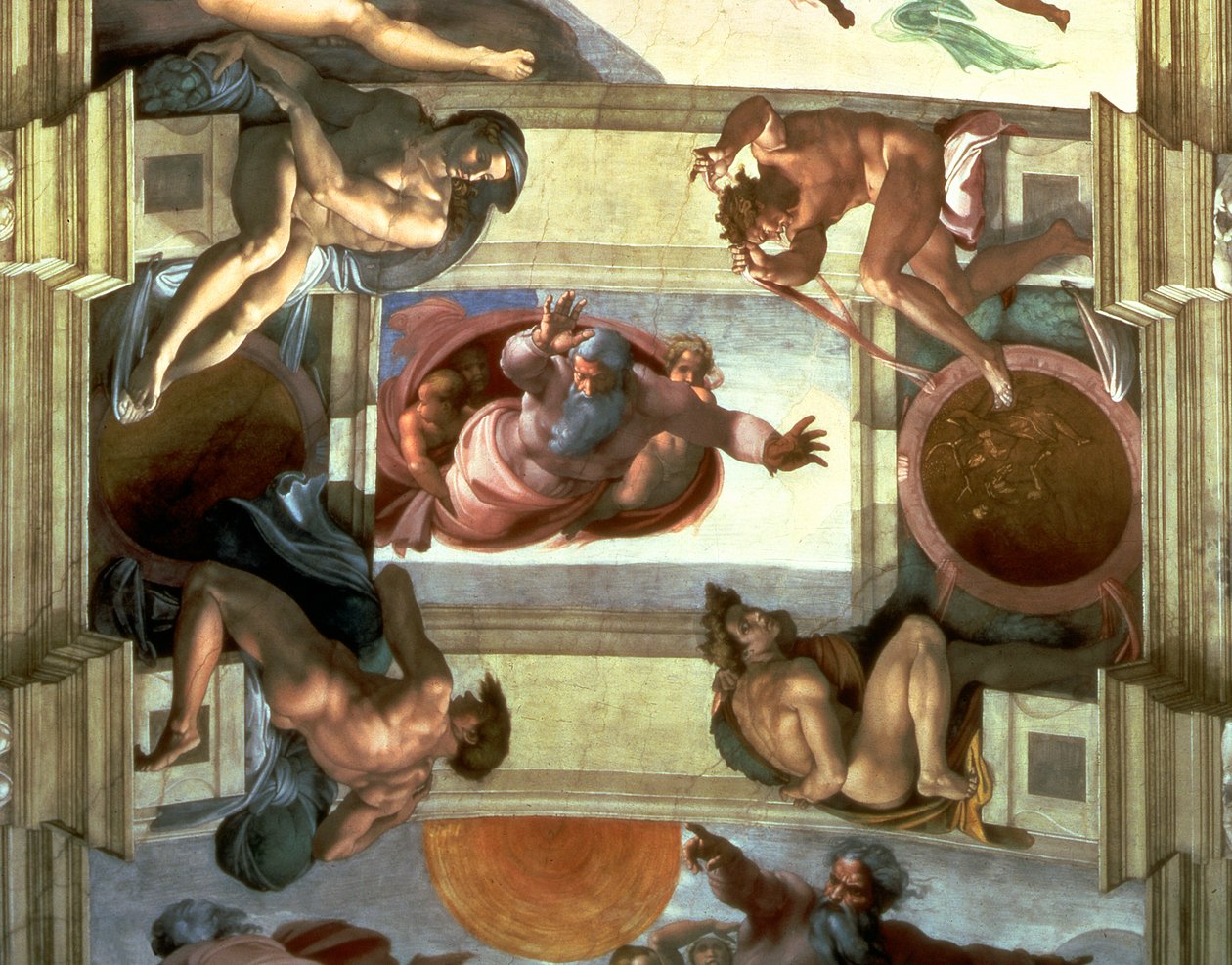 Techo de la Capilla Sixtina: Dios separando la tierra del mar, con cuatro Ignudi, 1510 (post restauración) de Michelangelo Buonarroti