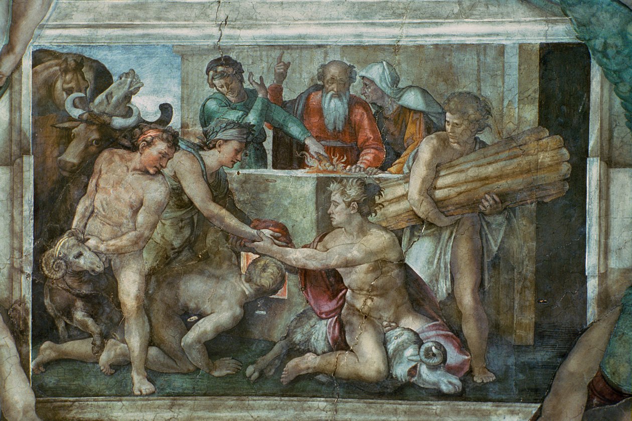 Techo de la Capilla Sixtina: Noé Después del Diluvio (antes de la restauración) de Michelangelo Buonarroti