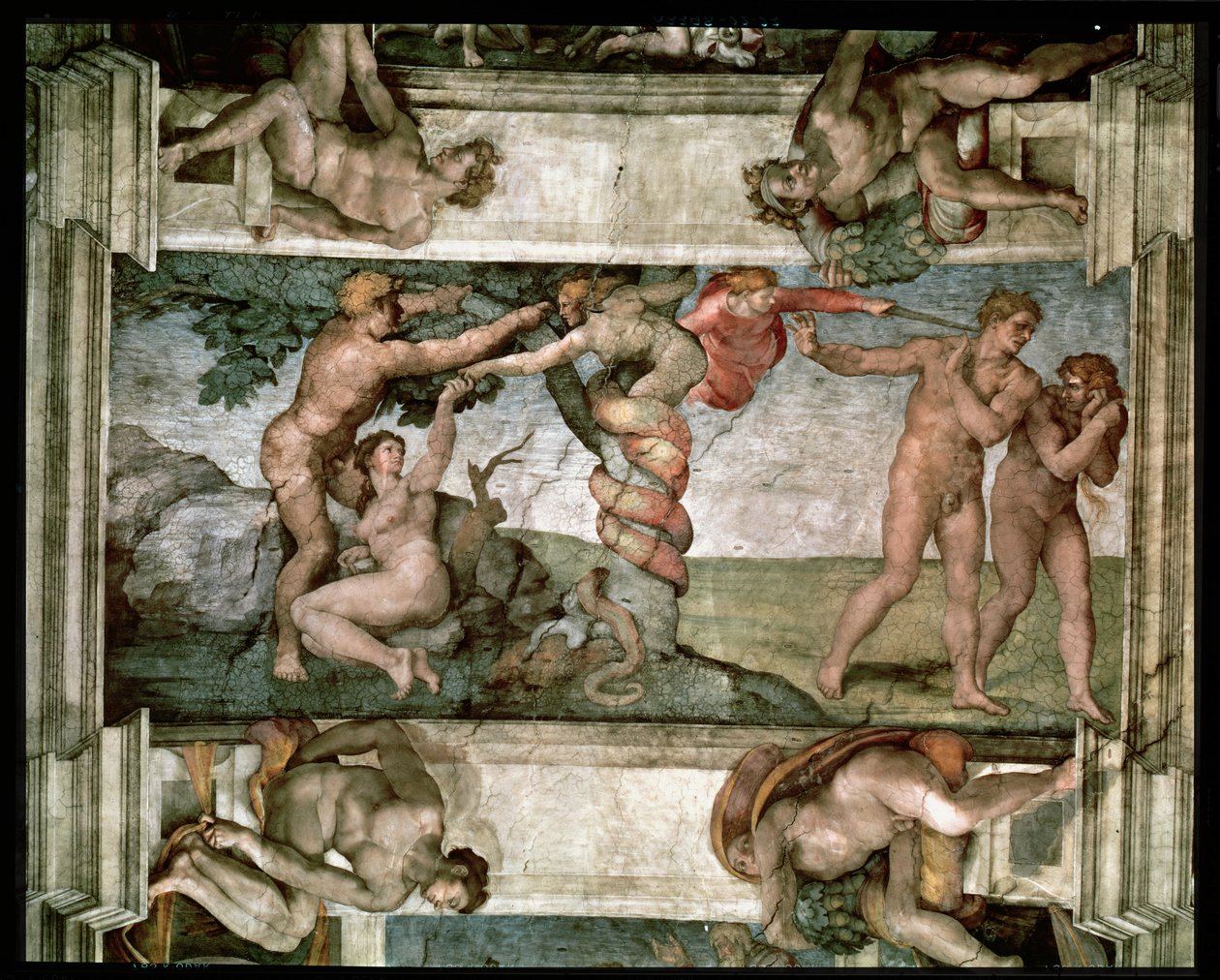 Techo de la Capilla Sixtina: La Caída del Hombre y la Expulsión del Jardín del Edén, con cuatro Ignudi, 1510 (pre-restauración) de Michelangelo Buonarroti