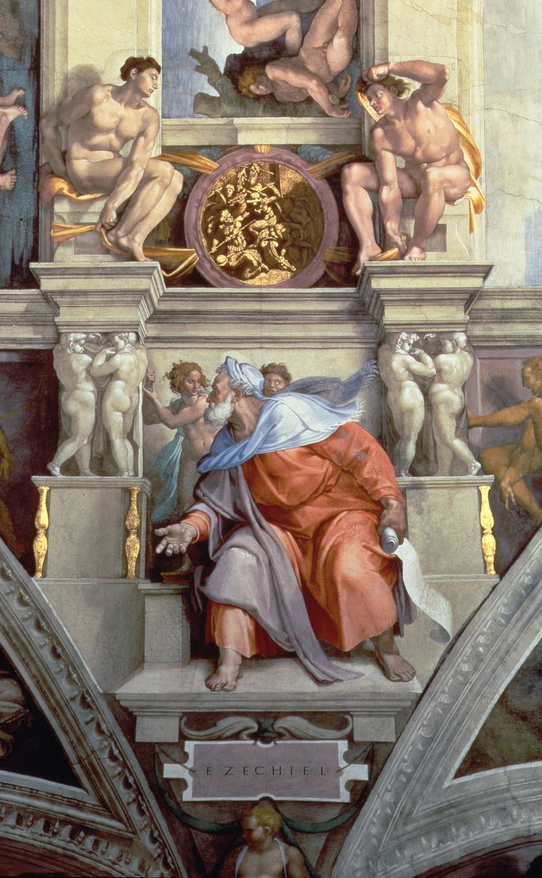 Techo de la Capilla Sixtina: El Profeta Ezequiel, 1510 (post restauración) (detalle) de Michelangelo Buonarroti