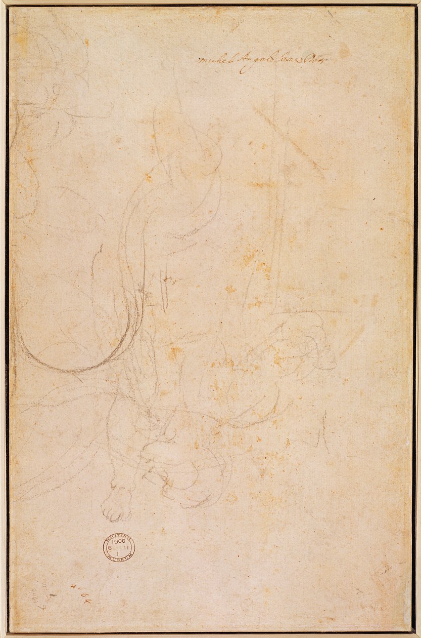 Boceto de una figura con la firma del artista (verso) de Michelangelo Buonarroti