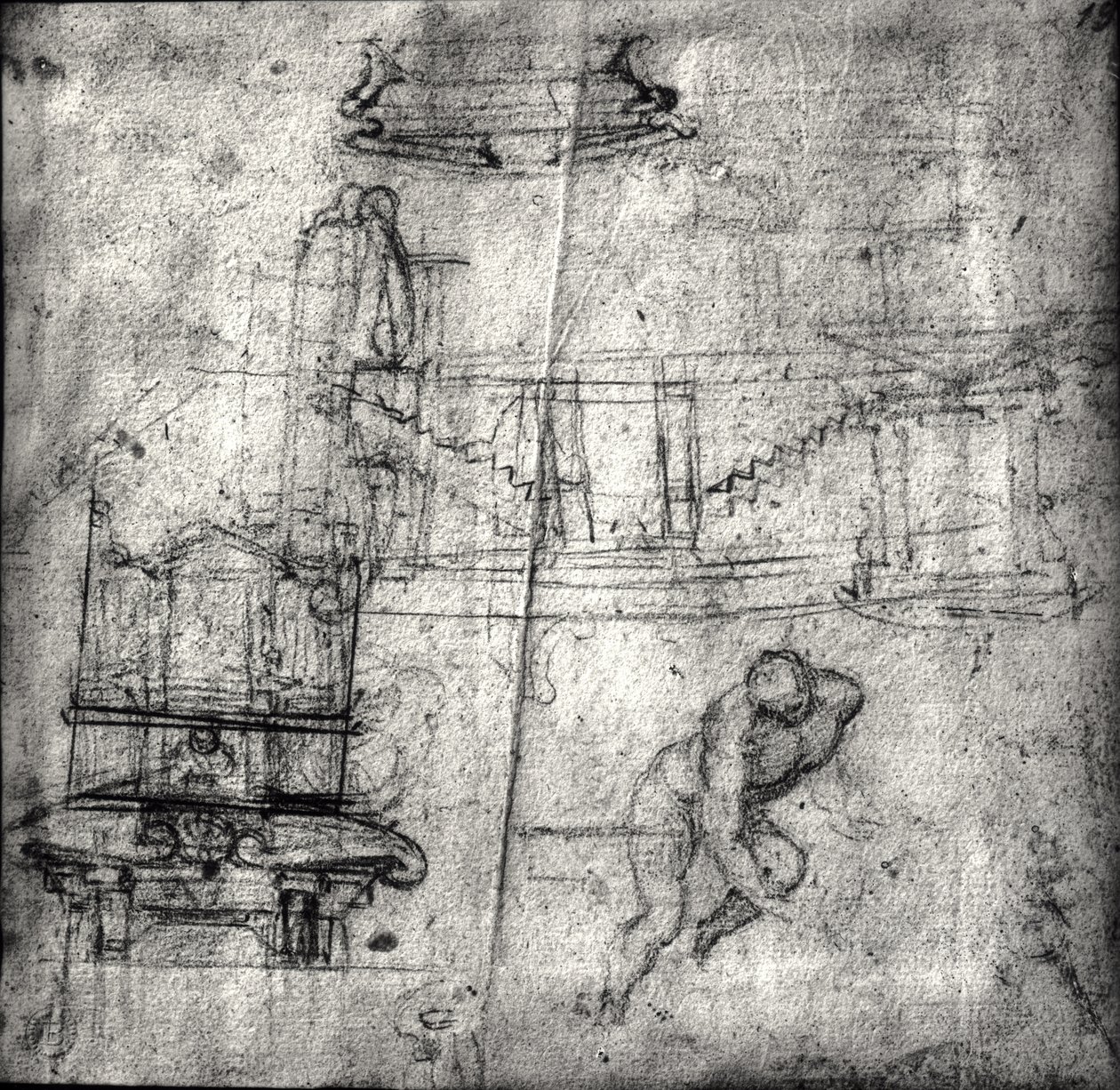 Boceto con estudios arquitectónicos y un desnudo masculino de Michelangelo Buonarroti