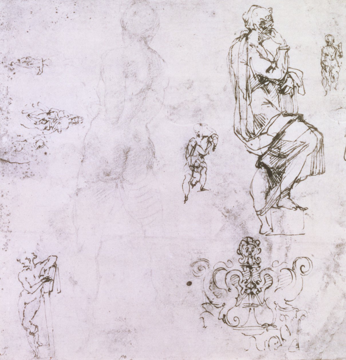 Bocetos de desnudos masculinos, una madonna y un niño y un emblema decorativo de Michelangelo Buonarroti
