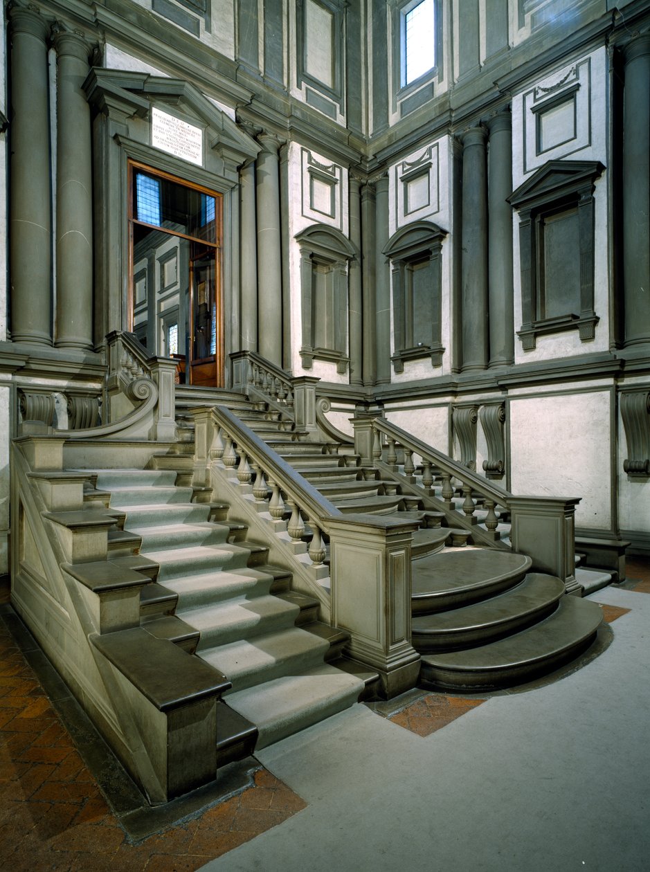 Escalera en el vestíbulo de entrada de la Biblioteca Laurenciana, completada por Bartolomeo Ammannati, 1559 de Michelangelo Buonarroti