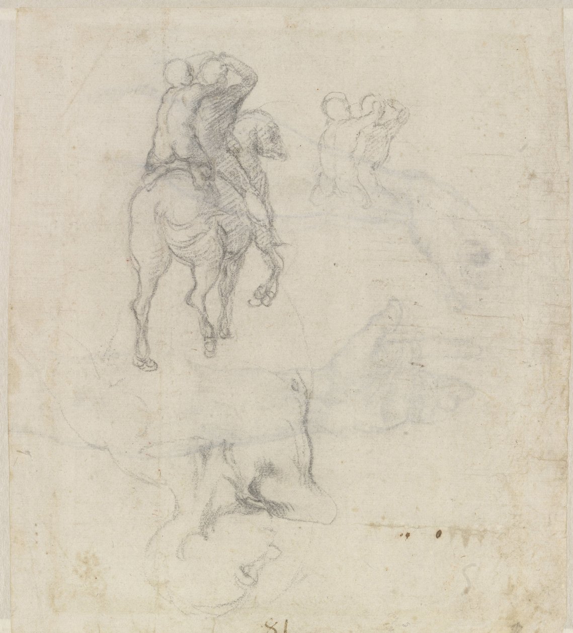 Estudios de un Caballo con Dos Jinetes Desnudos y un Torso Masculino de Michelangelo Buonarroti