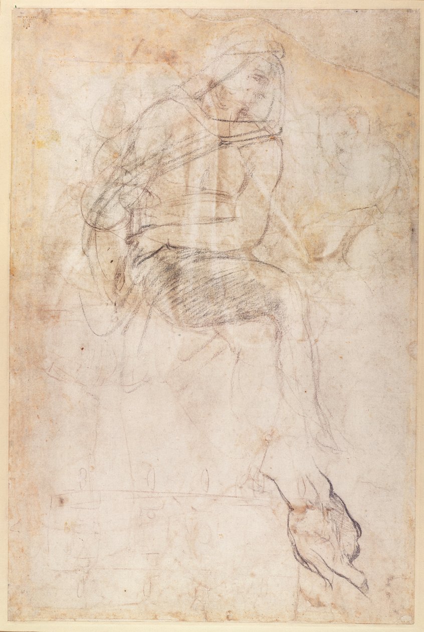 Estudio para los Ignudi sobre la Sibila Persa en la Capilla Sixtina, 1508-12 (verso) de Michelangelo Buonarroti
