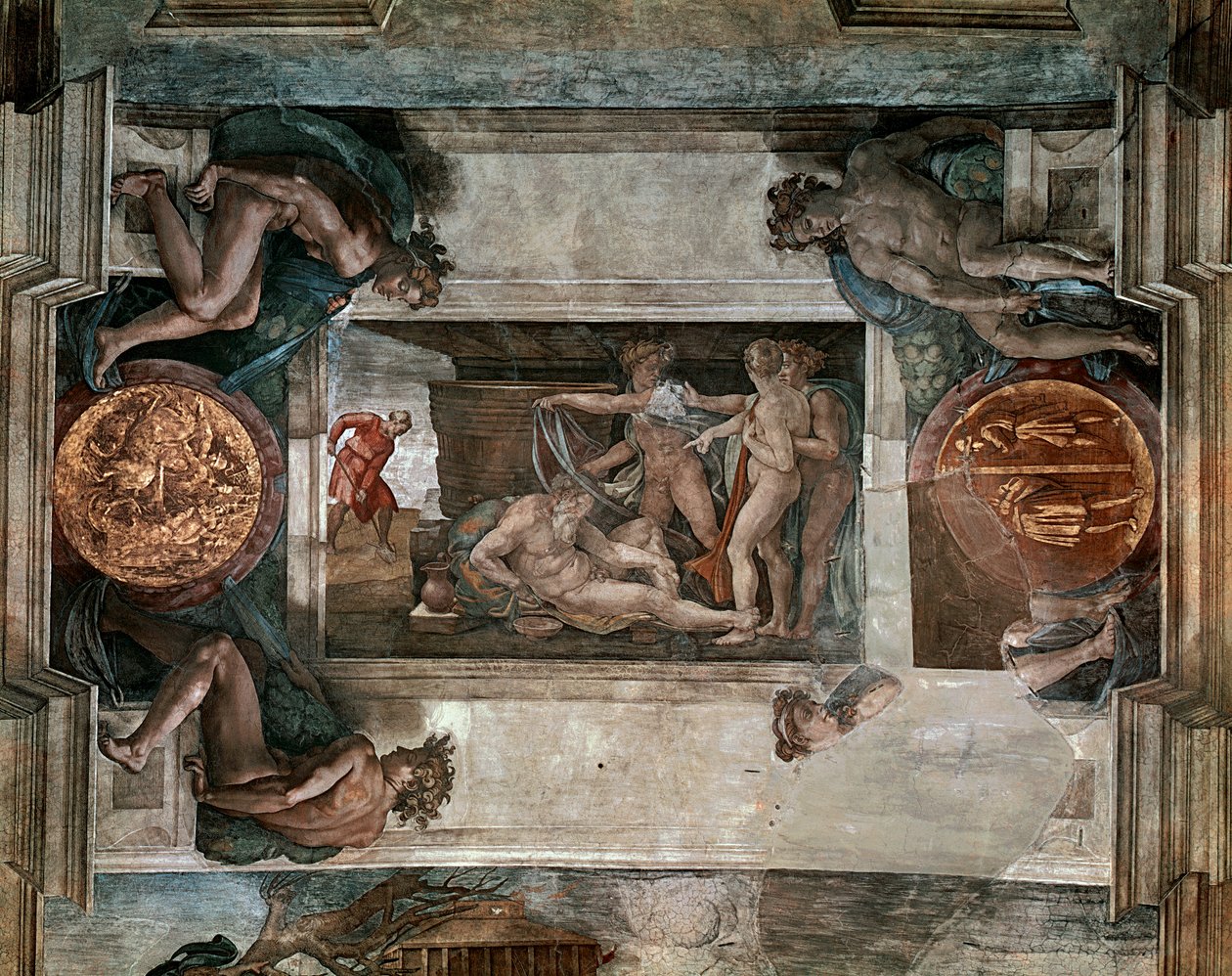 La Embriaguez de Noé, detalle del techo de la Capilla Sixtina de Michelangelo Buonarroti