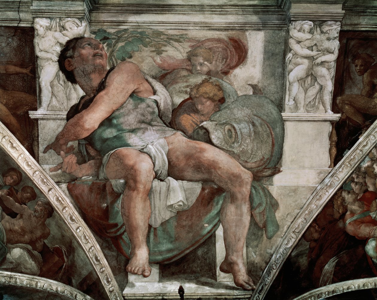 El profeta Jonás, de la Capilla Sixtina, 1538-41 (pre-restauración) de Michelangelo Buonarroti