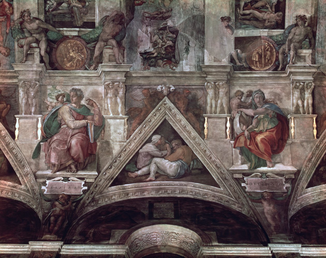 El techo de la Capilla Sixtina (1508-12): El profeta Isaías y la Sibila Délfica (pre restauración) de Michelangelo Buonarroti