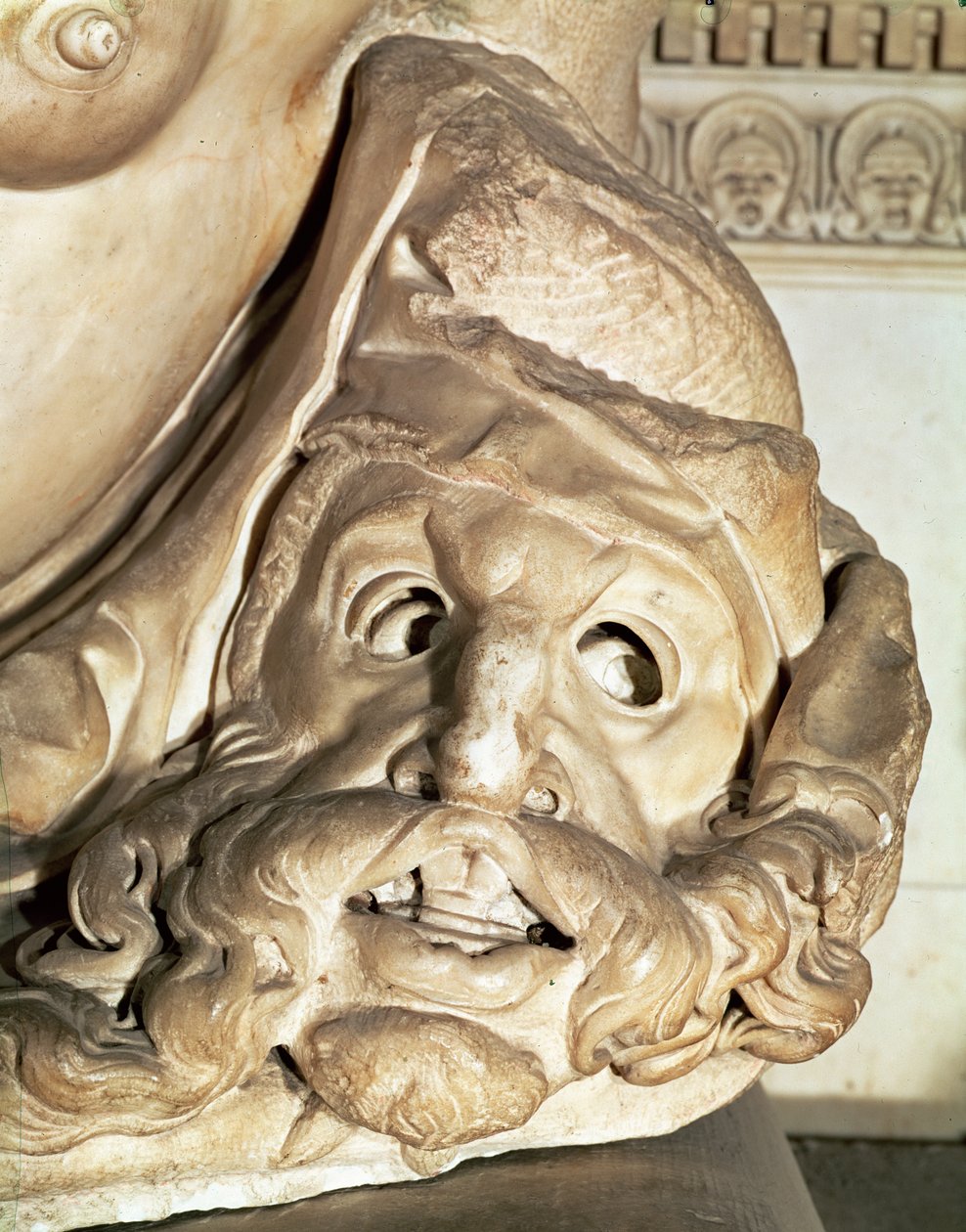 La tumba de Giuliano de Medici 1478-1516, detalle de la máscara trágica bajo el brazo de la Noche, 1520-34 de Michelangelo Buonarroti