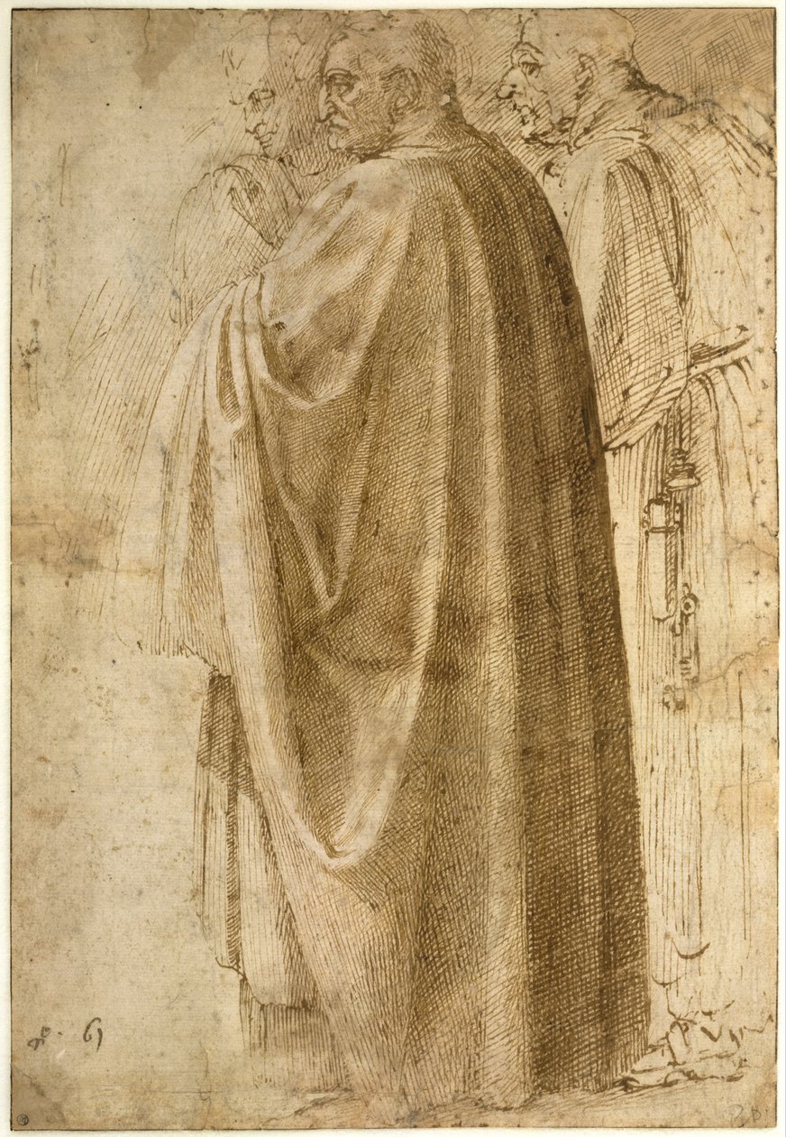 Tres hombres de pie con capas anchas de Michelangelo Buonarroti
