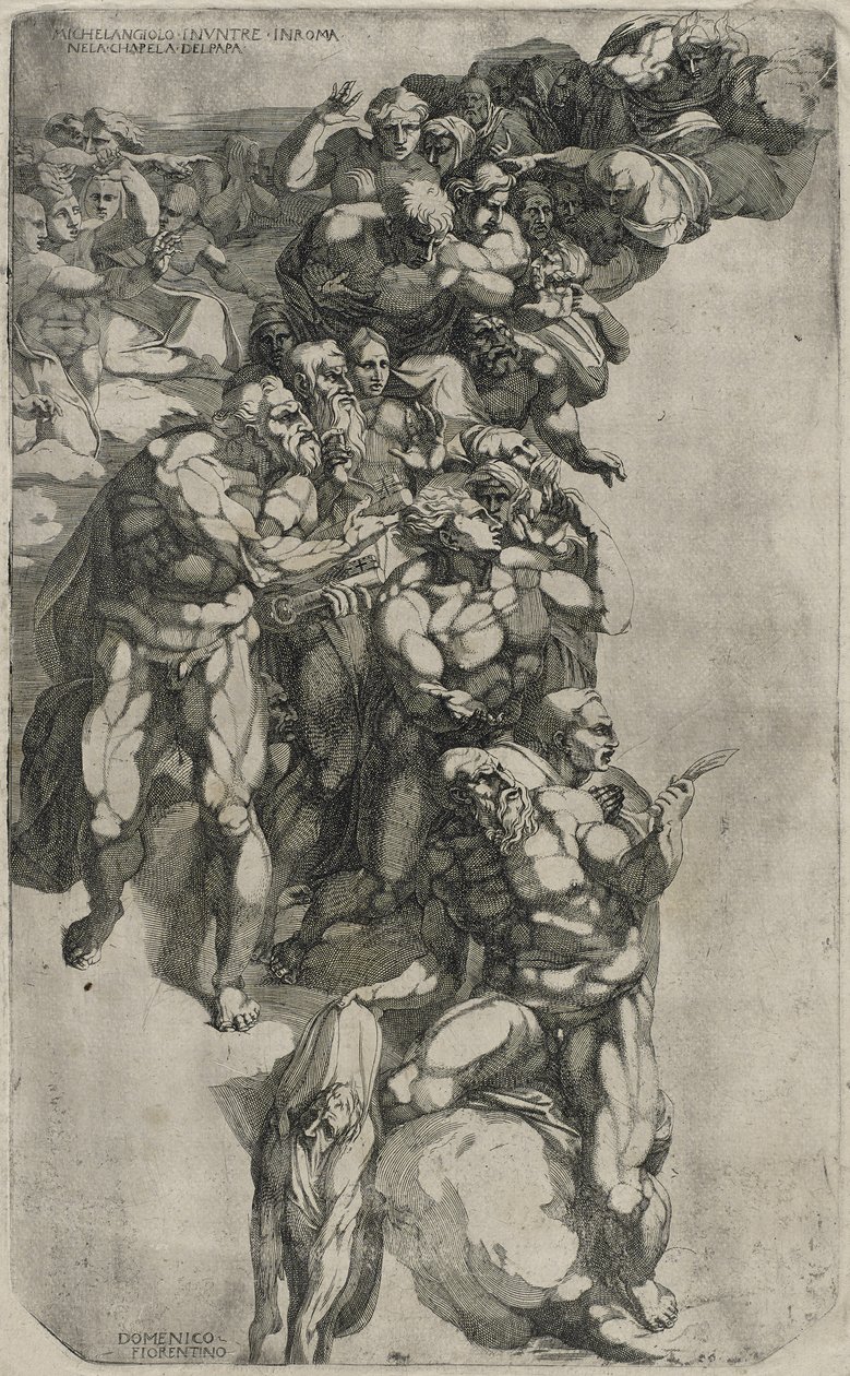 Grupo del Juicio Final de Miguel Ángel, grabado por Domenico del Barbiere, 1540-50 de Michelangelo after Buonarroti