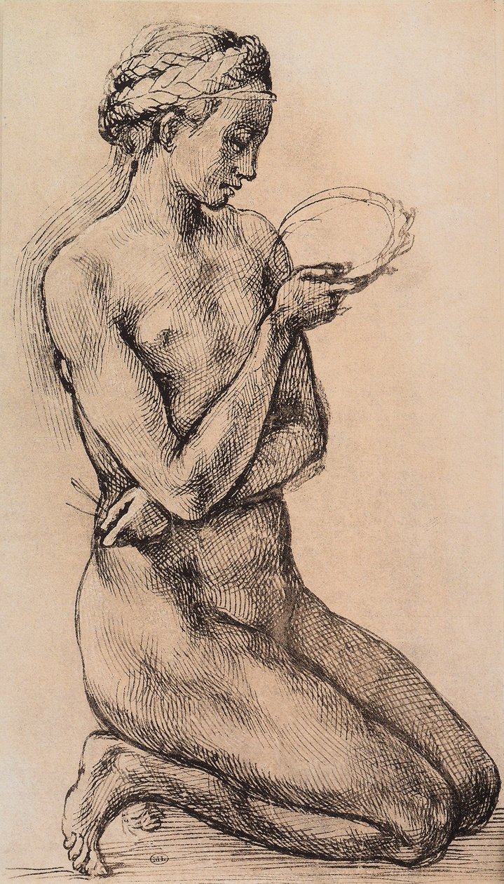 Mujer arrodillada, escuela de Leonardo de Michelangelo school of Buanorroti