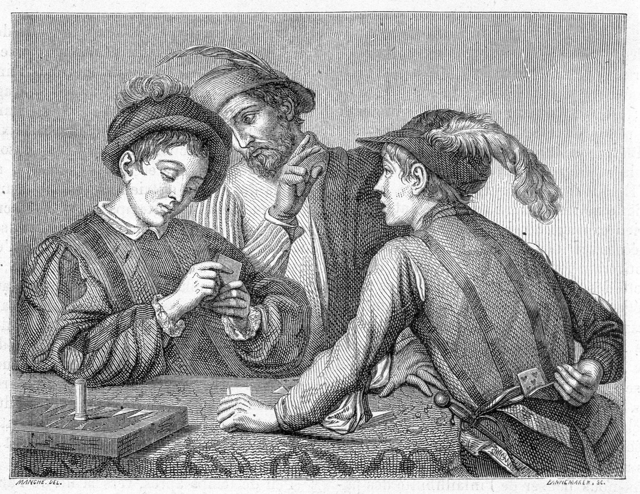 Los tramposos. Grabado del siglo XIX que representa la obra de Caravaggio (il Caravaggio) alrededor de 1596. de Michelangelo (after) Caravaggio