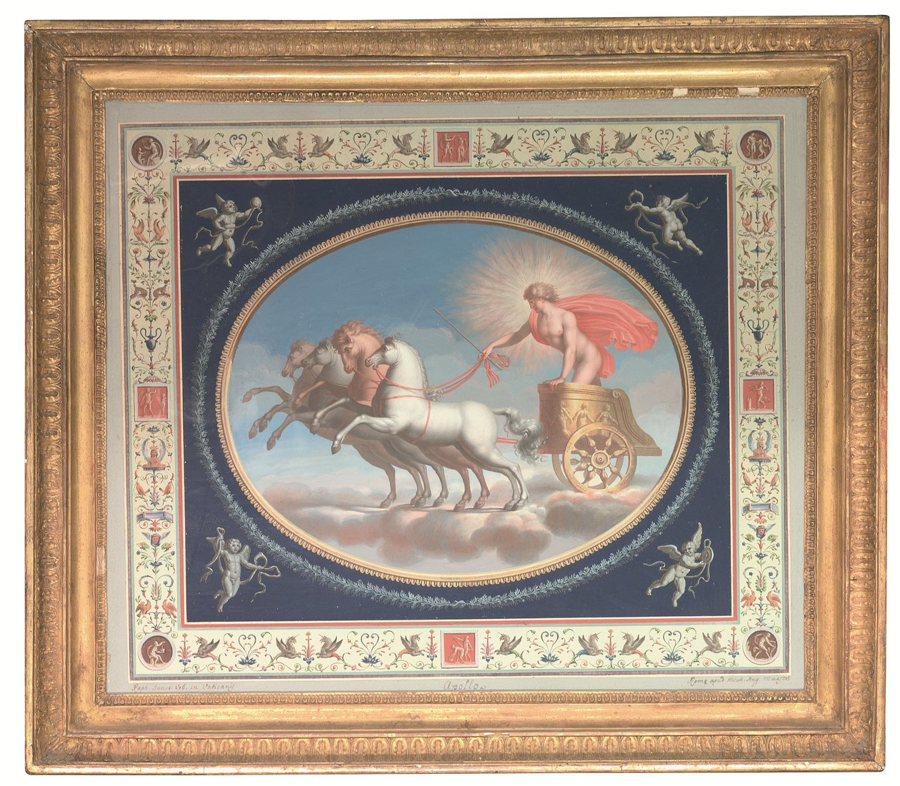 Uno de un conjunto de cuatro paneles decorativos que muestran a Apolo, Marte, Venus y Mercurio en carros, rodeados de grotescos pompeyanos (bodycolour over etching on paper) de Michelangelo (studio of) Maestri