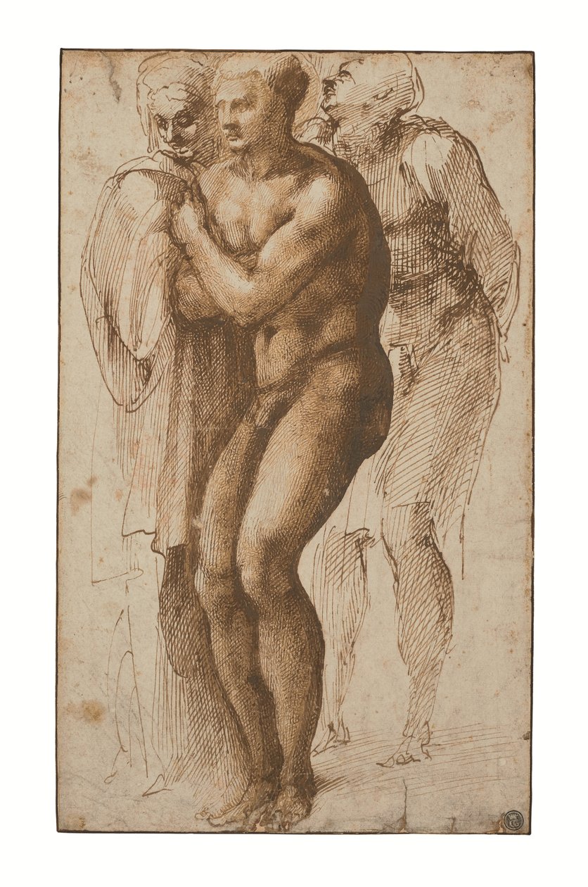 Un hombre desnudo (según Masaccio) y dos figuras detrás de él (pluma y dos tonos de tinta marrón, aguada marrón, filigrana) de Michelangelo Buonarroti