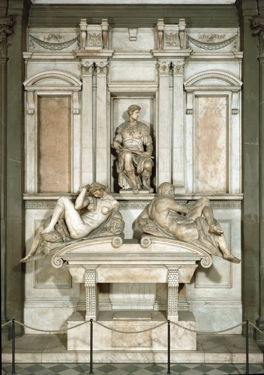 Alegoría del Día y la Noche, mausoleo de Giuliano de Medici. Escultura de mármol de Michelangelo Buonarroti