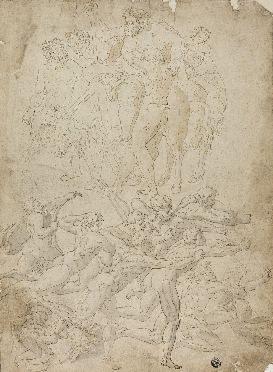 Arqueros disparando a un hermafrodita, triunfo de Baco y otros estudios de Michelangelo Buonarroti