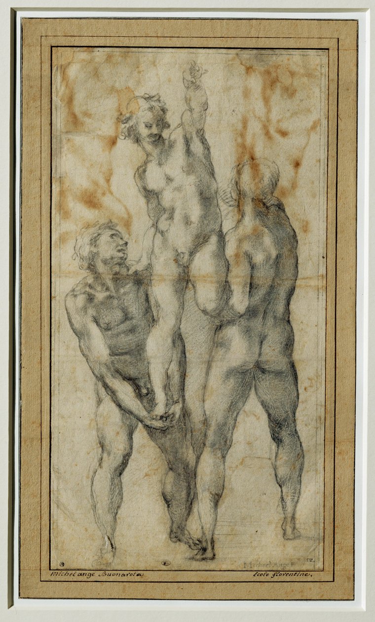 Dos hombres desnudos levantando a un tercero, c. 1502-06 ... de Michelangelo Buonarroti